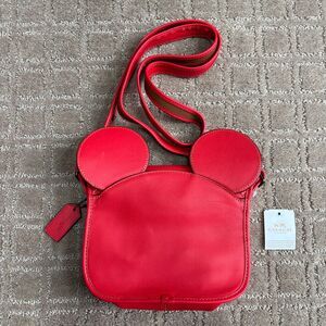 Disney Coach Mickey Mouse Ear Patricia Saddle Crossbody Bag Red Leather New Read